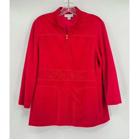 St. John Sport Red Velour Rhinestone Detail Full Zip Track Jacket Sz S - Picture 1 of 5